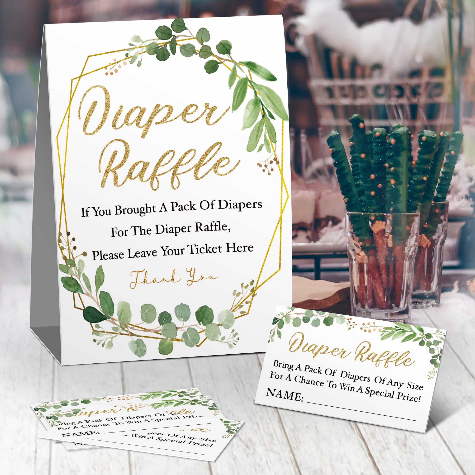 Diaper Raffle Tickets, Diaper Raffle Sign, Greenery Insert Ticket, Golden Baby Showers Decorations，Card for Baby Shower Game to Bring a Pack of Diapers(1 Sign+50 Cards)