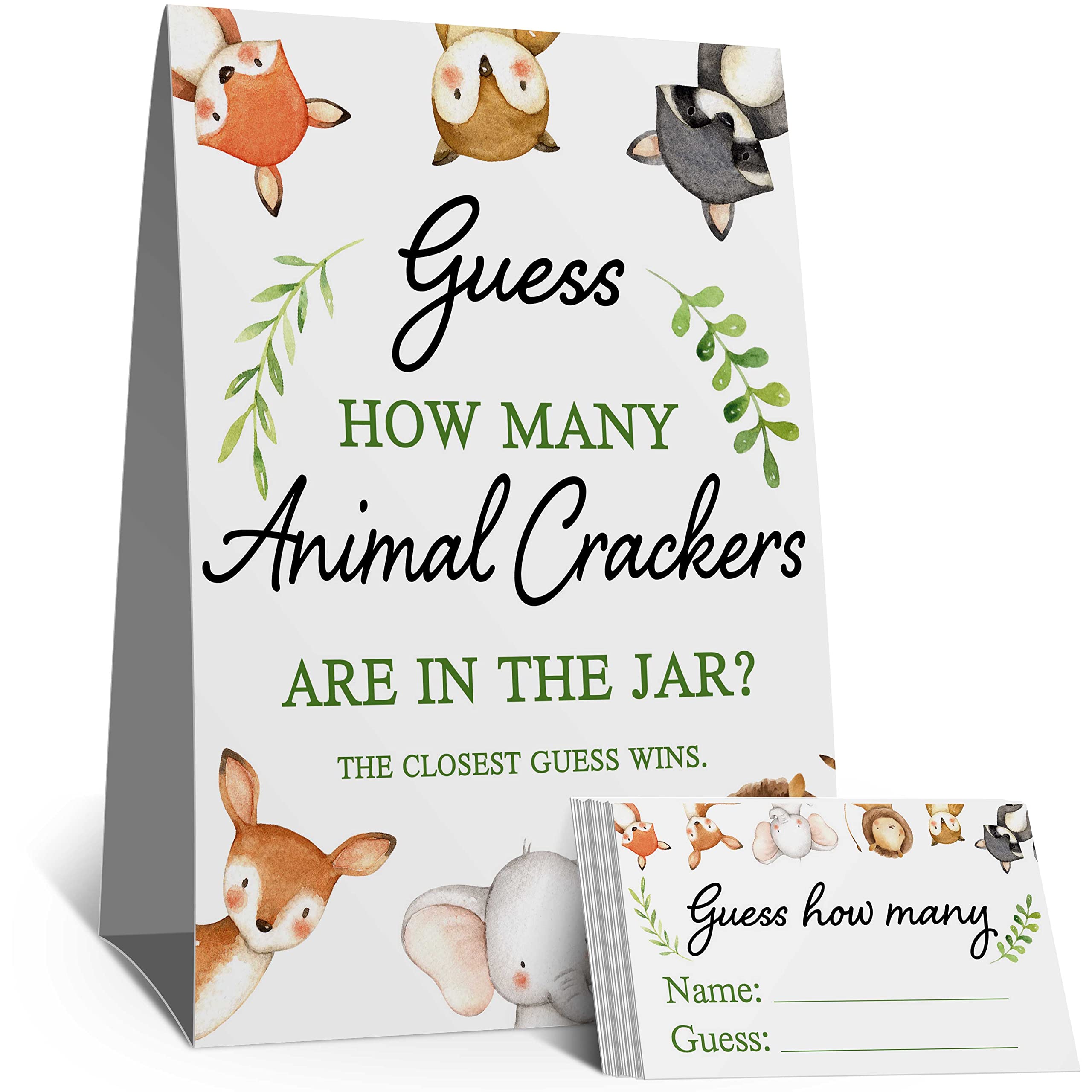 Guess How Many Animal Crackers are in the Jar，Watercolor Woodland Animals Baby Shower Decorations，(1 Sign+50 Cards), How Many Animal Crackers Birthday, Christmas, Funny Party Game