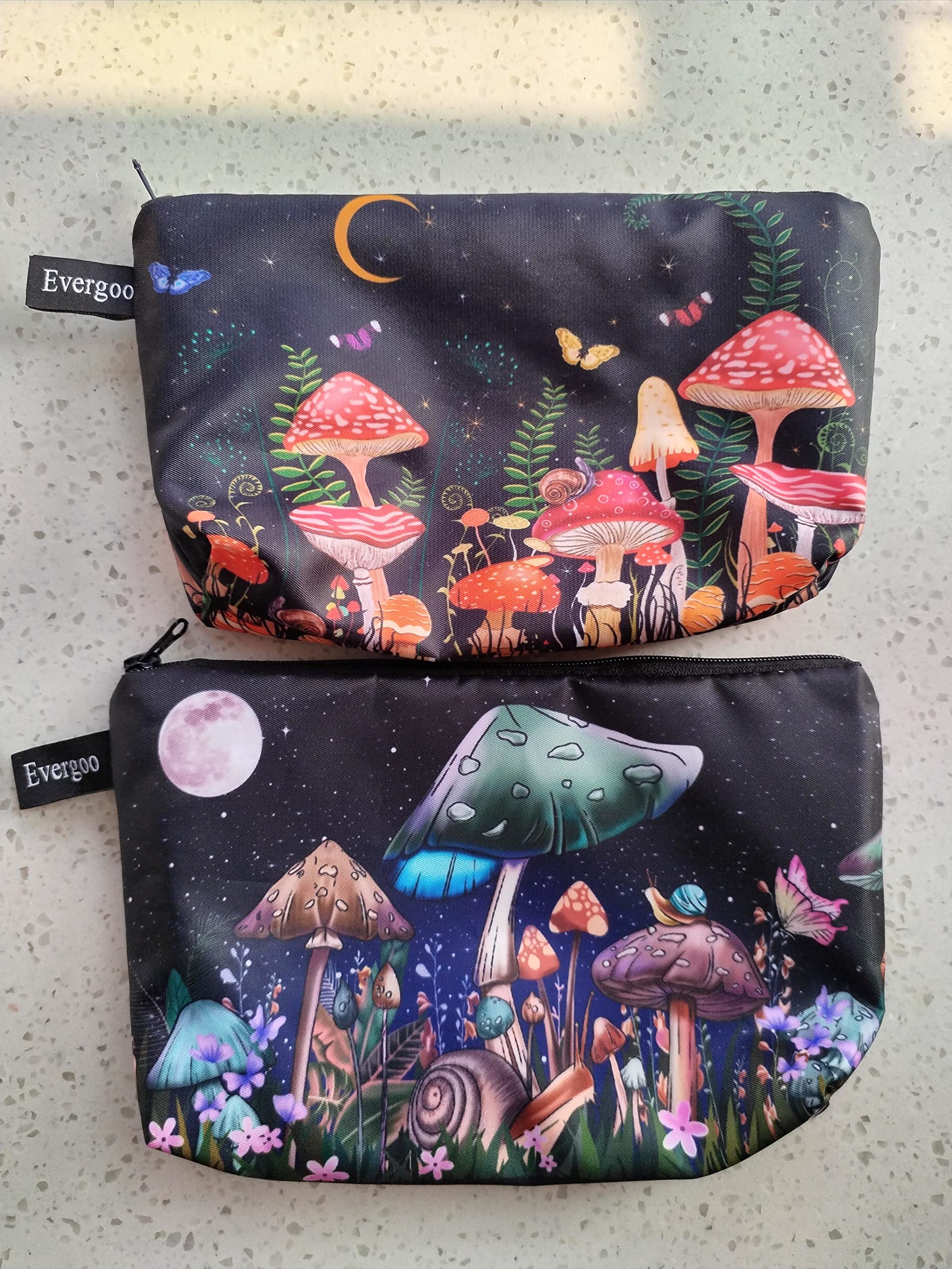 Evergoo 2 Pack Soft Makeup Bag for Purse, 3D Allover Printed Makeup Pouch with Zipper Cute Storage Washing Bag Small Pouch Gift for Women-Mushroom