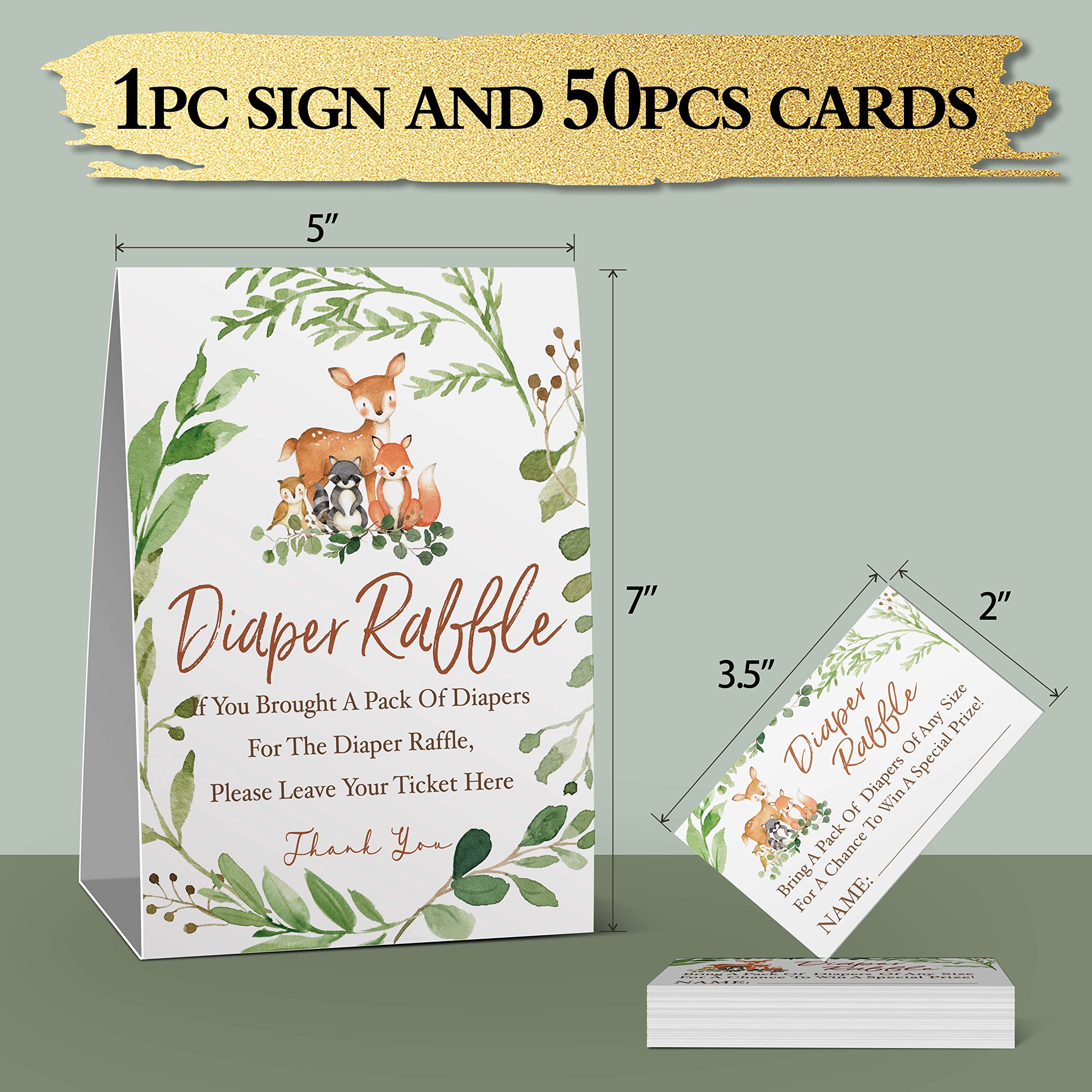 skuhyyg Woodland Diaper Raffle Tickets, Diaper Raffle Sign, Watercolor Eucalyptus leaves Woodland Diaper Baby Showers, Watercolor Woodland Forest Animals Insert Ticket(1 Sign+50 Cards)