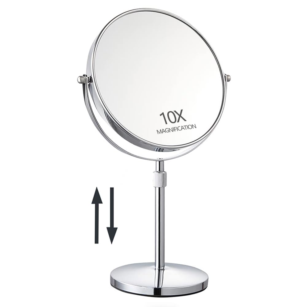 HOMEMIRO 17" Tall Tabletop Makeup Mirror Height Adjustable Vanity Mirror 8" Large Free Standing 1X/10X Magnifying Mirror on Stand,Classic Round Desktop Make Up Mirror for Bathroom or Bedroom,No Light