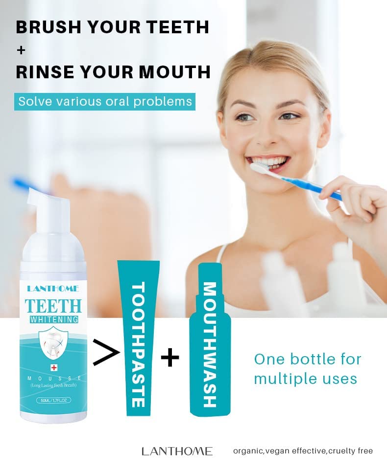 LANTHOME White Foam Teeth Whitening Products-Tooth Whitening Mousse, Easy to use Teeth Whitener Foam for White Teeth,Freshens Breath, Whitens Teeth & Fights Bad Breath 50ml