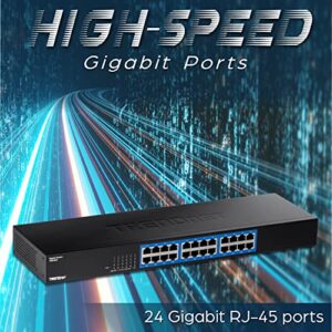 TRENDnet 24-Port Gigabit Switch, TEG-S25, 24 x Gigabit RJ-45 Ports, 48Gbps Switching Capacity, Fanless Design, Metal Enclosure, Internal Power Supply, Lifetime Protection, Black