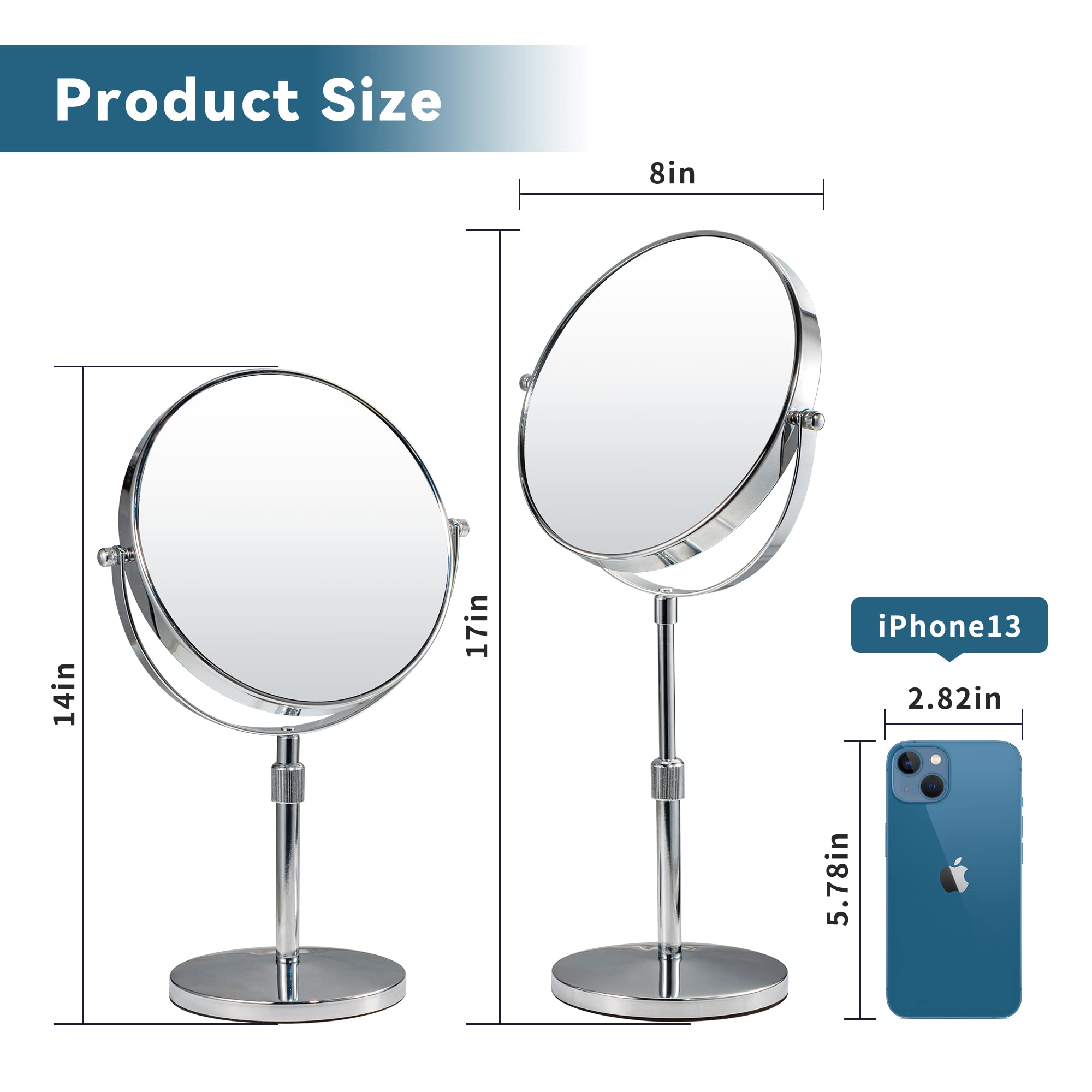 HOMEMIRO 17" Tall Tabletop Makeup Mirror Height Adjustable Vanity Mirror 8" Large Free Standing 1X/10X Magnifying Mirror on Stand,Classic Round Desktop Make Up Mirror for Bathroom or Bedroom,No Light