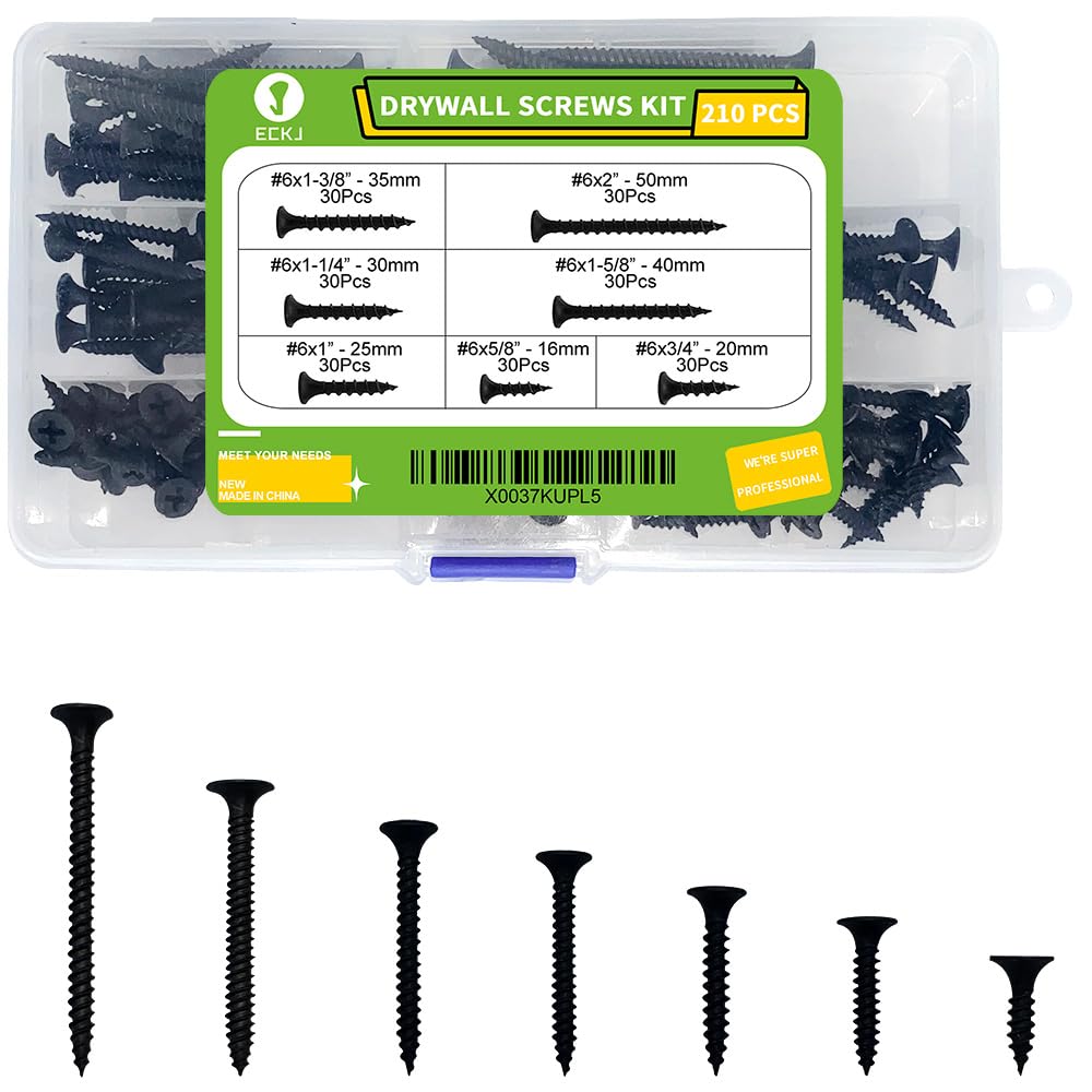 ECKJ Drywall Screws Kit #6 Coarse Thread Sharp Point Self Tapping Screws with Phillips Drive Flat Head, Black Bugle Head Machine Screws Assortment Set for Drywall Sheetrock, Wood, Furniture - 210PCS