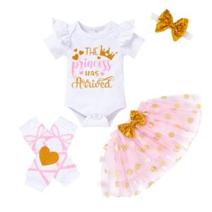 Newborn Baby Girl Skirt Set Infant Letter Print Romper+Tutu Skirt+Headband+Legging Warmer Clothes Outfit (Dot Pink, Newborn)