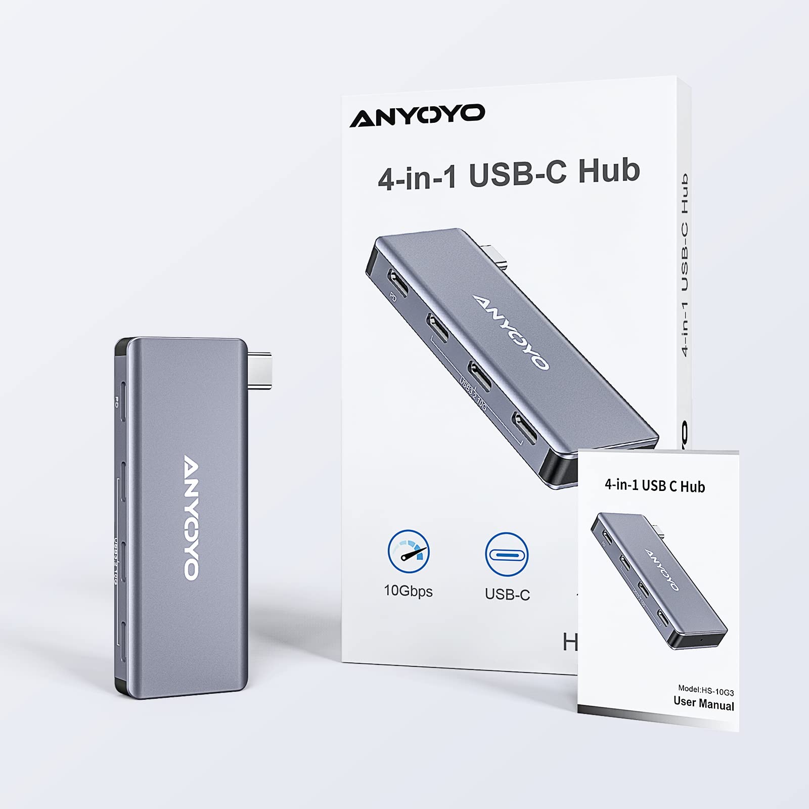 ANYOYO USB C HUB,4 Port USB-C to USB-C Hub with 3 USB 3.2 Gen2 Ports(10Gbps),1 100W PD Port Compatible with MacBook Pro/MacBook Air/iPad Pro and other USB C laptops,Support Charging(No video)