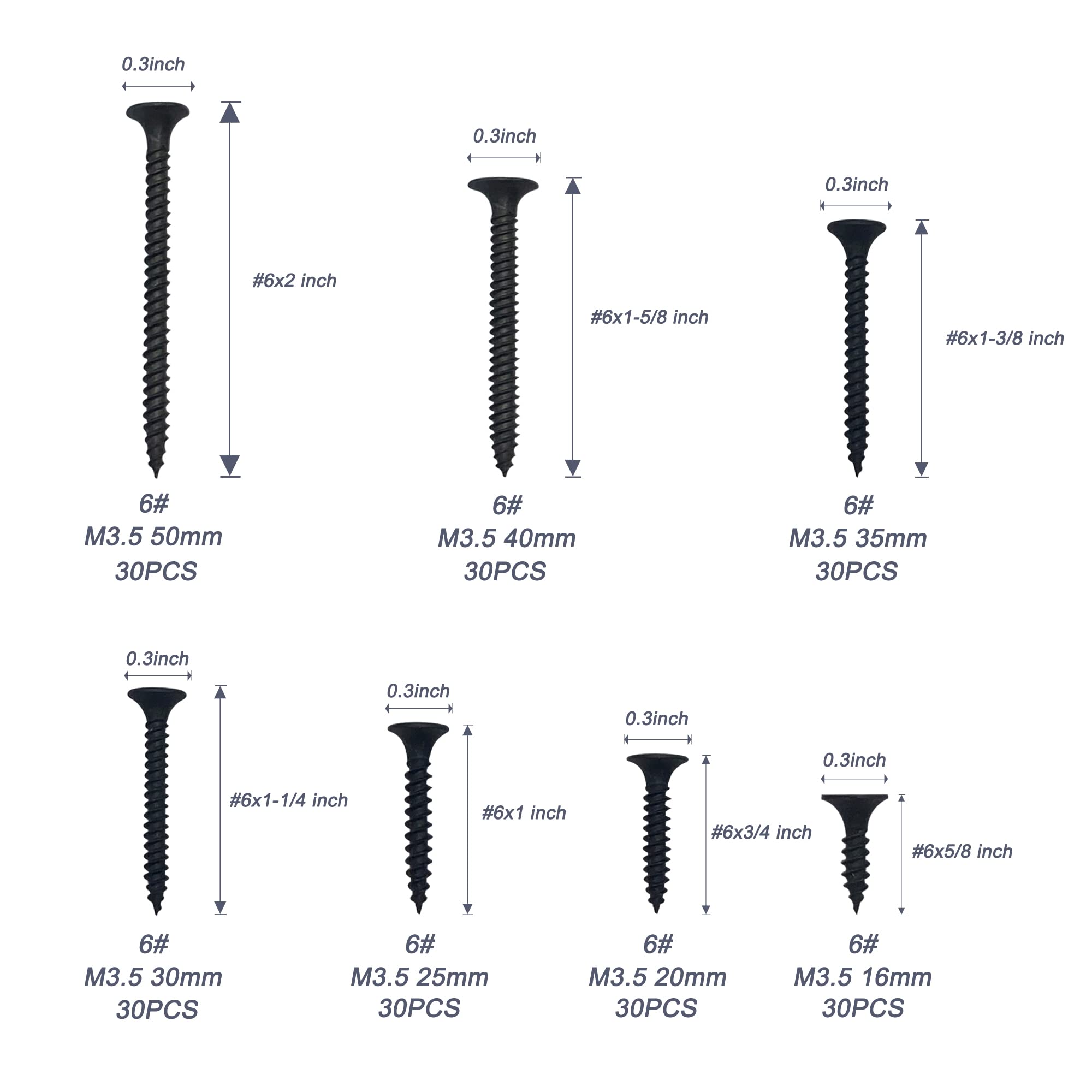 ECKJ Drywall Screws Kit #6 Coarse Thread Sharp Point Self Tapping Screws with Phillips Drive Flat Head, Black Bugle Head Machine Screws Assortment Set for Drywall Sheetrock, Wood, Furniture - 210PCS