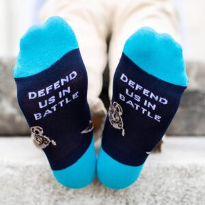 Sock Religious Defend Us In Battle St. Michael Navy and Sky Blue Boys and Girls One Size Fits Most Polyester Blend Catholic Inspirational Fun Crew Socks, Kids