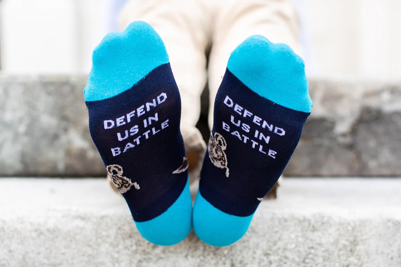 Sock Religious Defend Us In Battle St. Michael Navy and Sky Blue Boys and Girls One Size Fits Most Polyester Blend Catholic Inspirational Fun Crew Socks, Kids