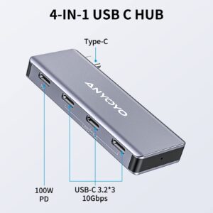 ANYOYO USB C HUB,4 Port USB-C to USB-C Hub with 3 USB 3.2 Gen2 Ports(10Gbps),1 100W PD Port Compatible with MacBook Pro/MacBook Air/iPad Pro and other USB C laptops,Support Charging(No video)