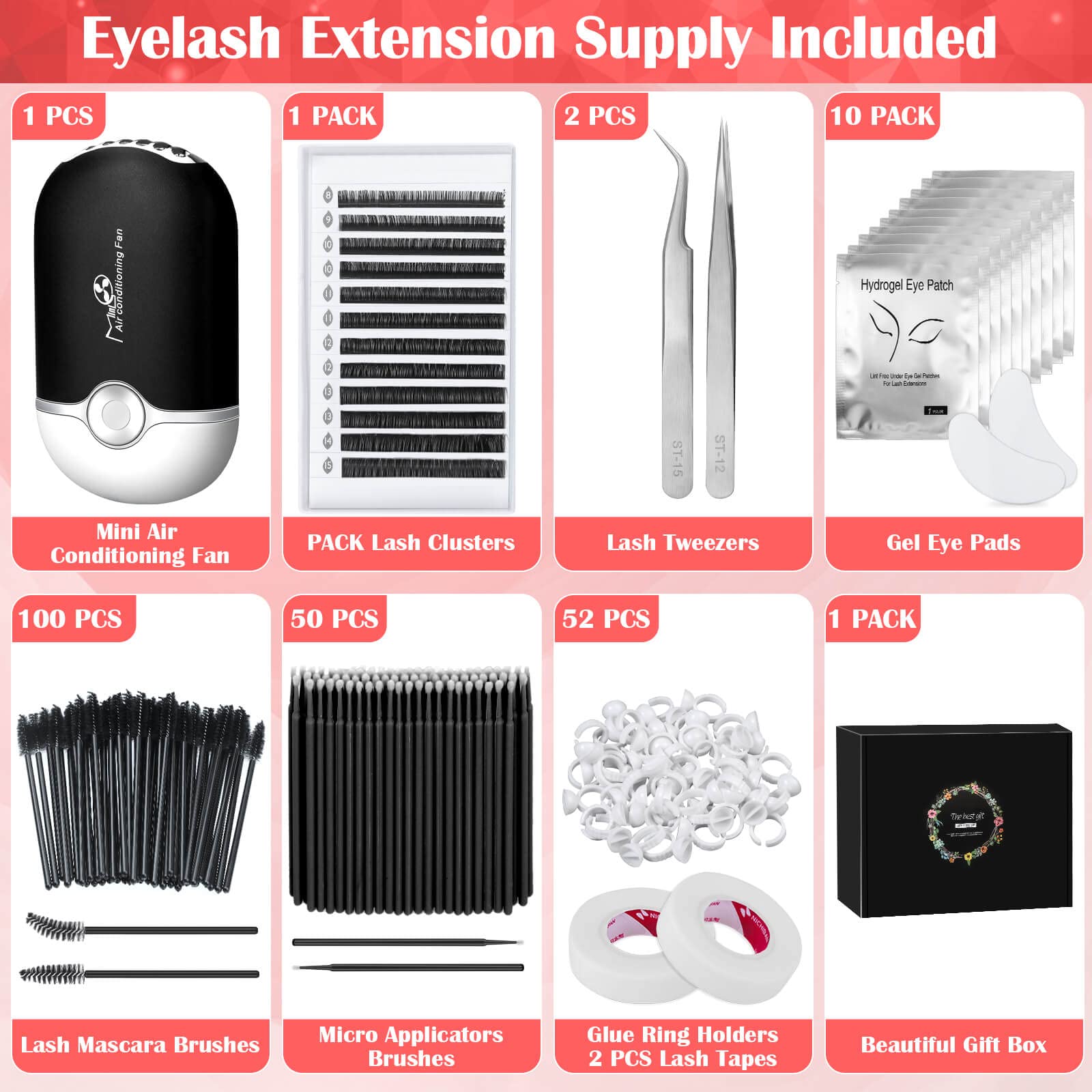 Cludoo Professional Eyelash Extension Supplies Kit with Lash Clusters Lash Kit for Eyelash Extensions Beginners with Lash Fan, Tweezers, Tapes, Mascara Brushes,Lash Extension Kit for Beginners Starter