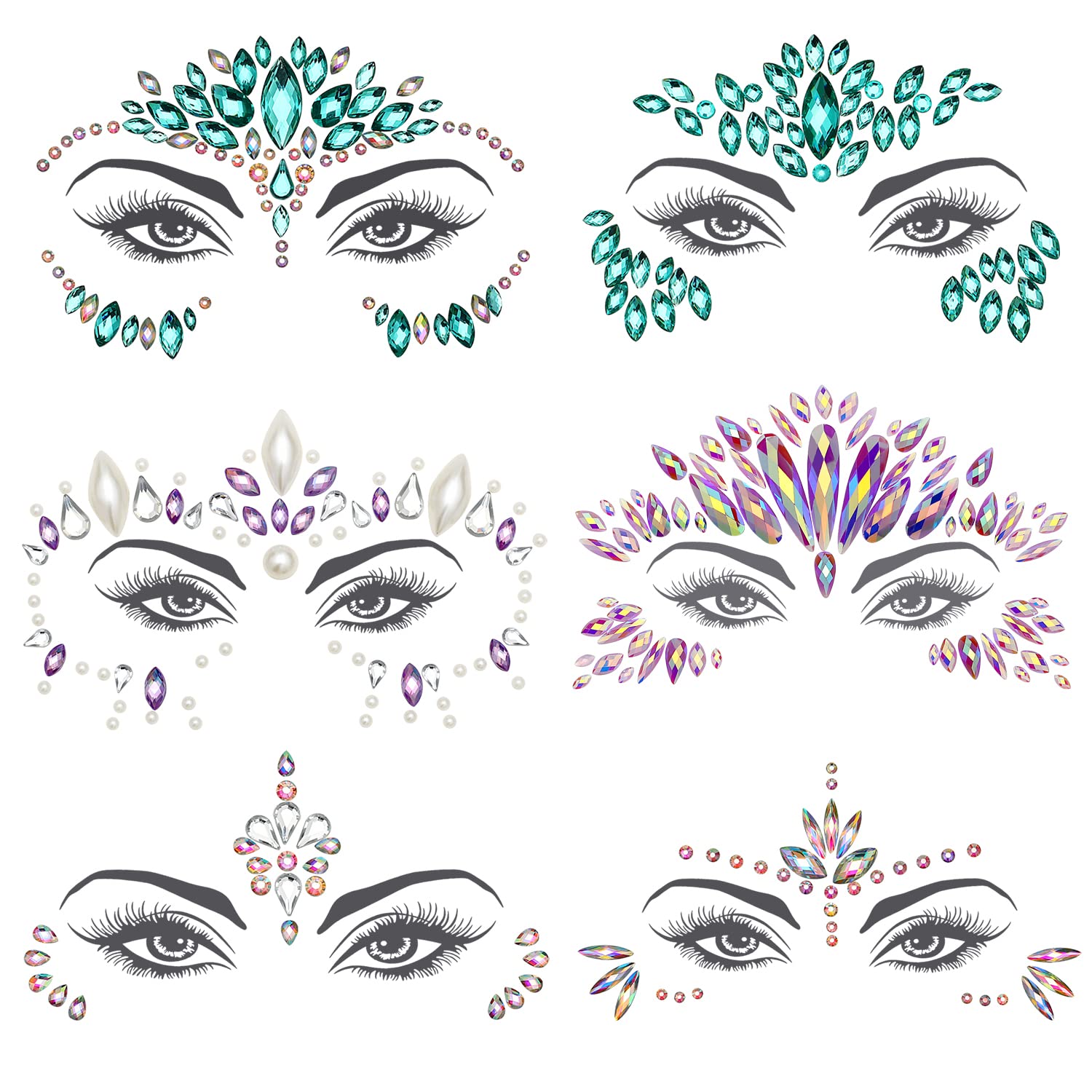 RLMOON Mermaid Face Jewels Rhinestone Sticker Face Gem Cosplay Mermaid Halloween Face Decoration 3D Crystal Sticker Rave Accessories for Carnival Music Festival Party