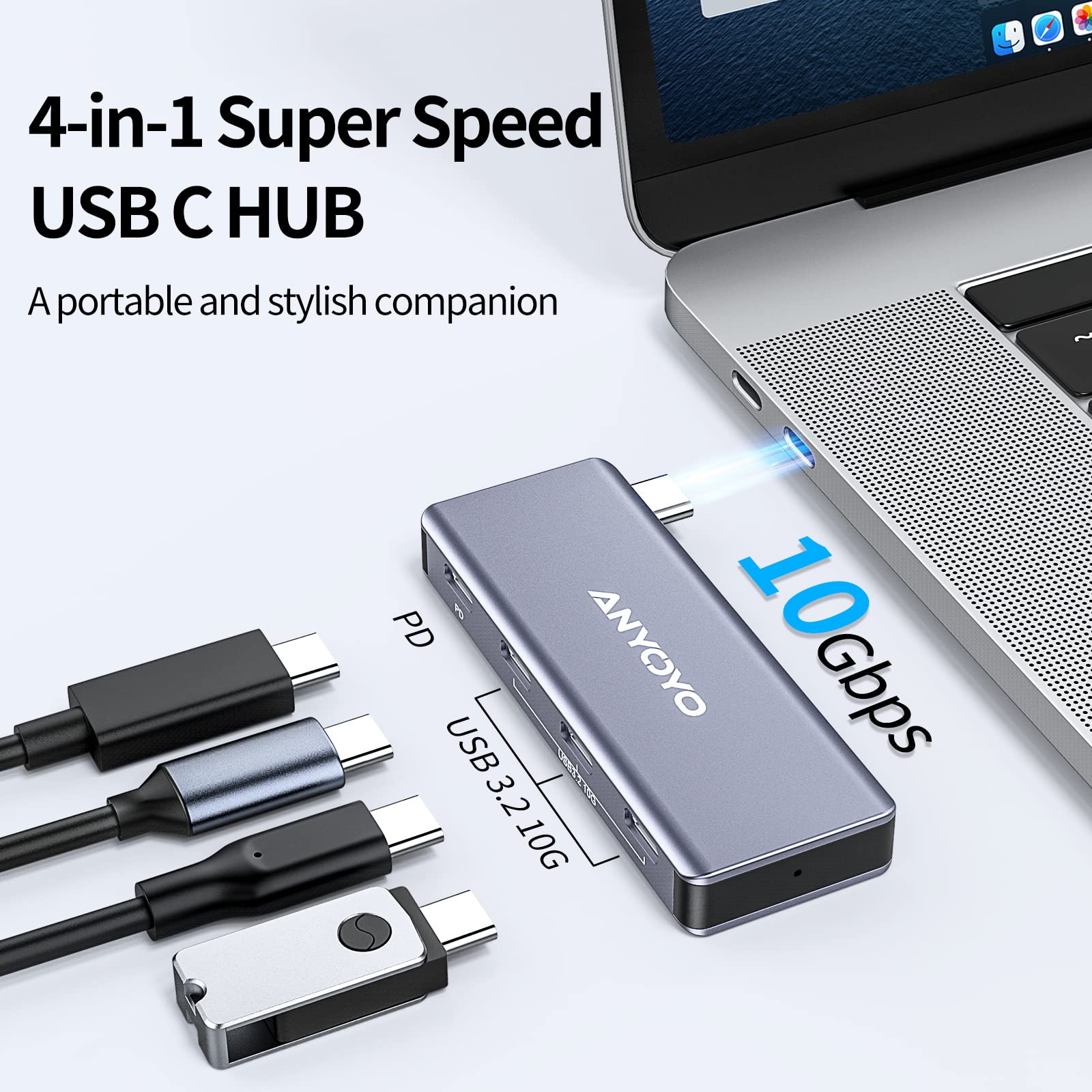 ANYOYO USB C HUB,4 Port USB-C to USB-C Hub with 3 USB 3.2 Gen2 Ports(10Gbps),1 100W PD Port Compatible with MacBook Pro/MacBook Air/iPad Pro and other USB C laptops,Support Charging(No video)