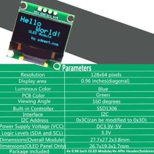 Adeept 4pcs 0.96 Inch OLED Module 12864 128x64 SSD1306 IIC I2C Serial Self-Luminous Display Board Compatible with Arduino Raspberry Pi and MCU(Blue) - Pins Soldered