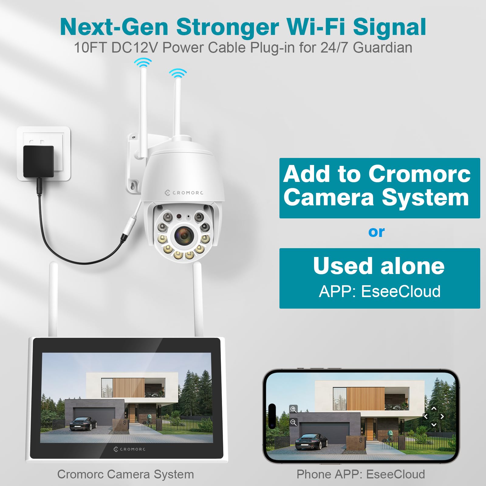 Cromorc 360° View Pan/Tilt/Digital Zoom 5MP WiFi Security Camera Outdoor, Motion Detection, Humanoid Tracking, Floodlight&Siren Alarm, Color Night Vision, PC&Mobile Remote View, Two-Way Audio PTZ