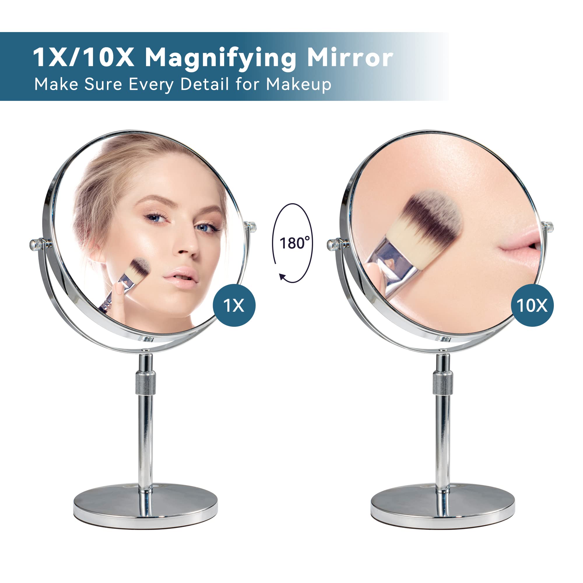 HOMEMIRO 17" Tall Tabletop Makeup Mirror Height Adjustable Vanity Mirror 8" Large Free Standing 1X/10X Magnifying Mirror on Stand,Classic Round Desktop Make Up Mirror for Bathroom or Bedroom,No Light