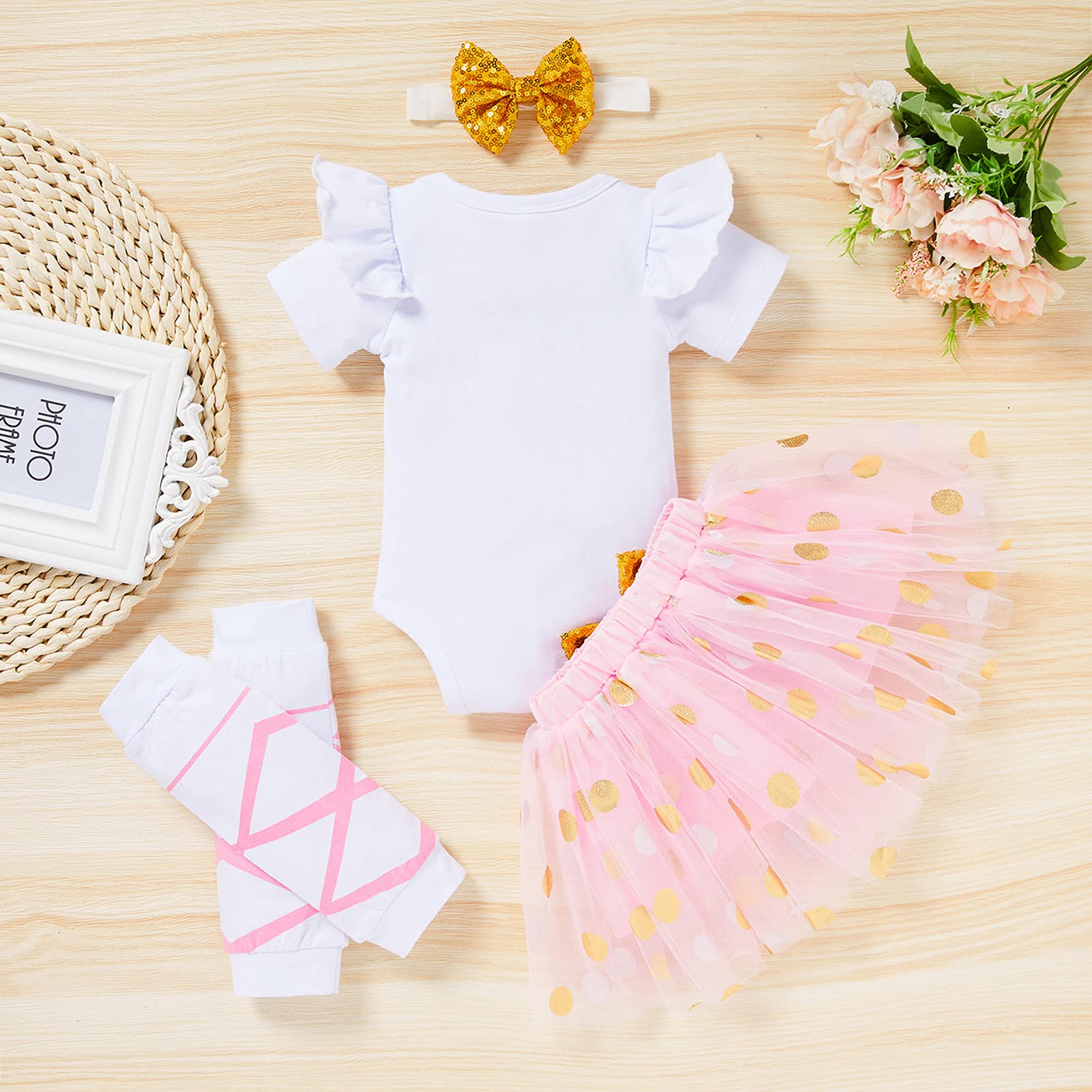 Newborn Baby Girl Skirt Set Infant Letter Print Romper+Tutu Skirt+Headband+Legging Warmer Clothes Outfit (Dot Pink, Newborn)