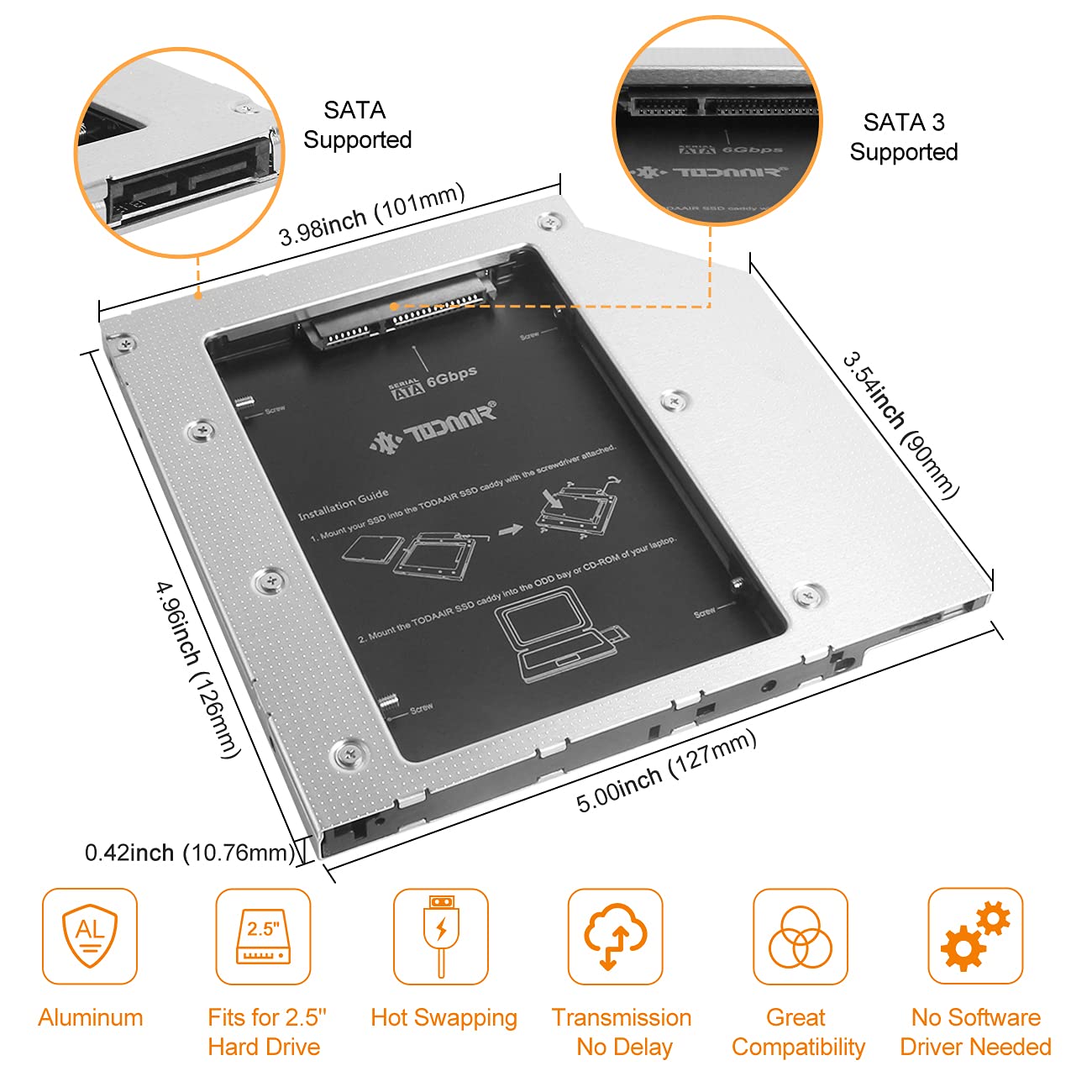 TODAAIR Computer Hard Drive Enclosures for CD/DVD ROM｜9.5mm｜SATA to SATA｜2nd SSD HDD｜Hard Drive Caddy｜MacBook Pro｜Compatible with All Systems｜All Brands Laptops