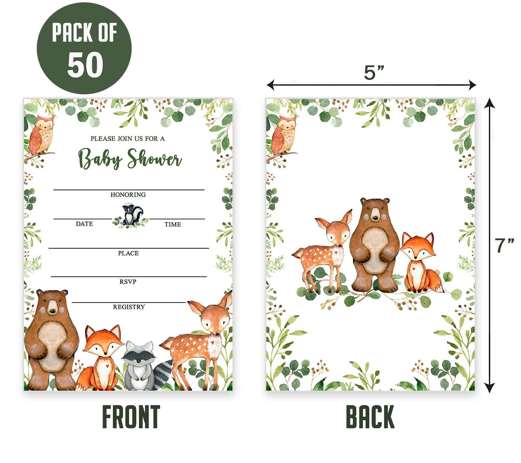 Yuzioey 50 Woodland Baby Shower Invitations, Forest Woodland Greenery Invitations Macthing Envelpoes, Diaper Raffle Tickets, Book Request Cards, Forest Creatures Invitations