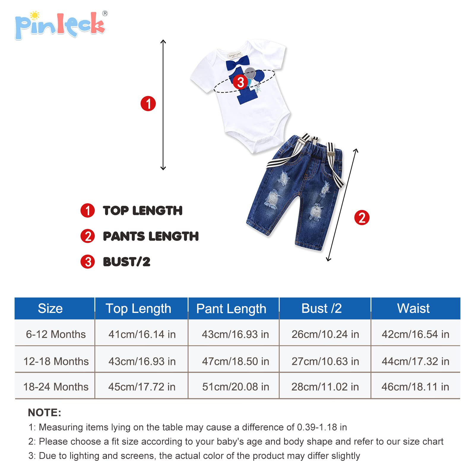 Pinleck Toddler Baby Boy Birthday Clothes Set Bowtie Romper Suspenders Ripped Denim Pants Outfits gifts (Birthday Balloon-1Short, 12-18 Months)