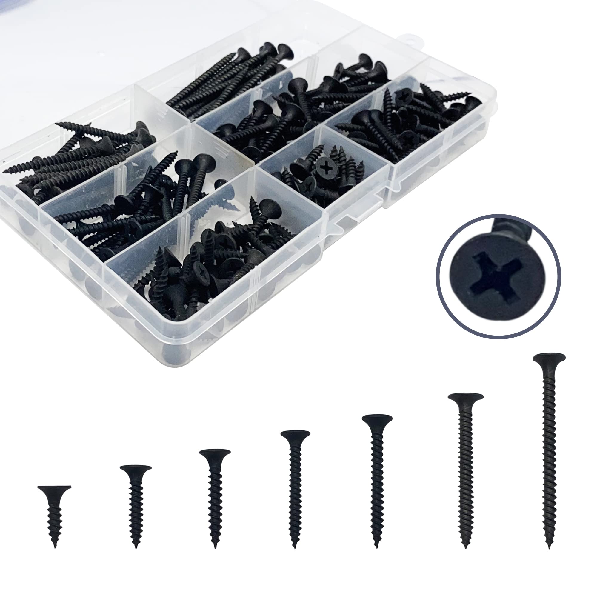 ECKJ Drywall Screws Kit #6 Coarse Thread Sharp Point Self Tapping Screws with Phillips Drive Flat Head, Black Bugle Head Machine Screws Assortment Set for Drywall Sheetrock, Wood, Furniture - 210PCS