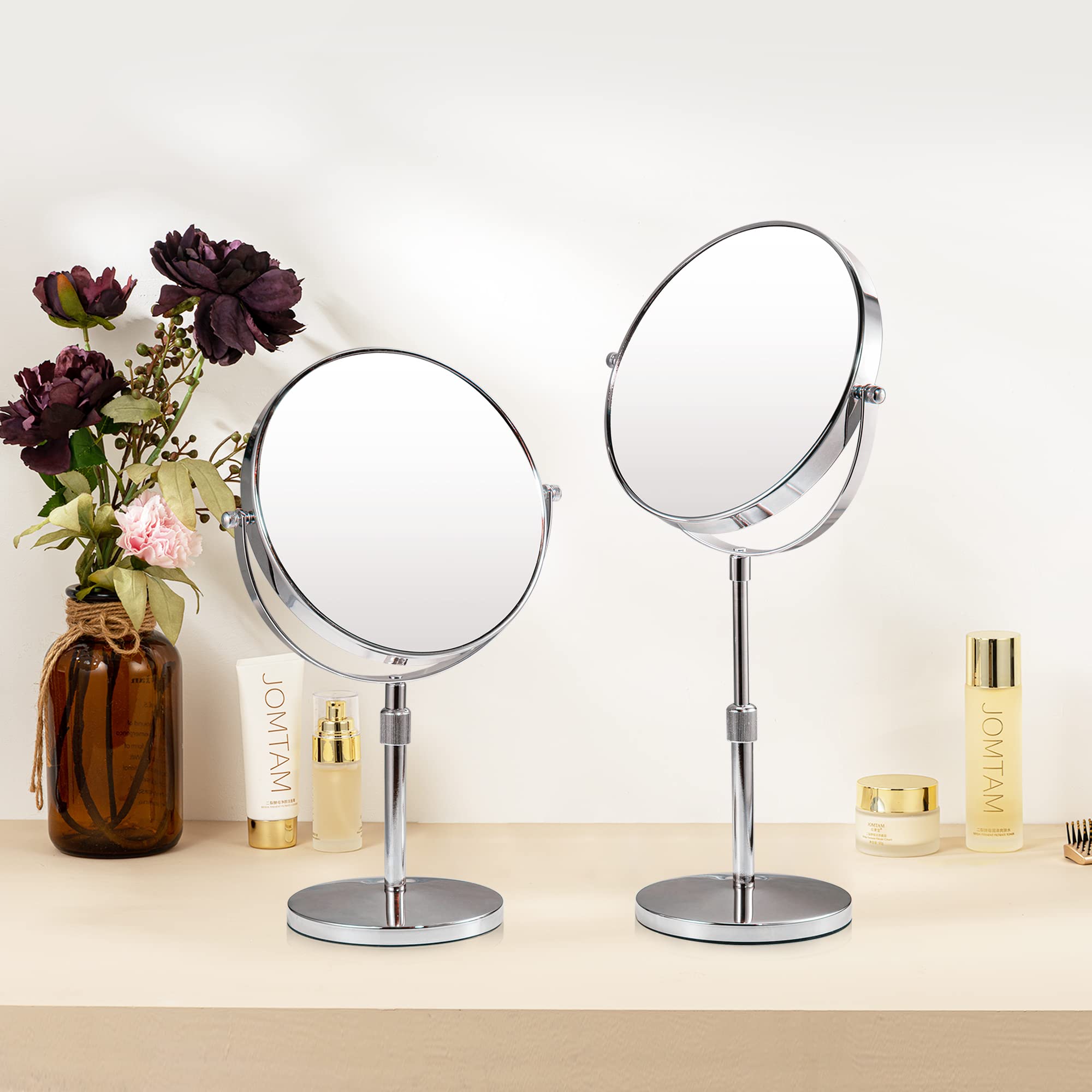 HOMEMIRO 17" Tall Tabletop Makeup Mirror Height Adjustable Vanity Mirror 8" Large Free Standing 1X/10X Magnifying Mirror on Stand,Classic Round Desktop Make Up Mirror for Bathroom or Bedroom,No Light