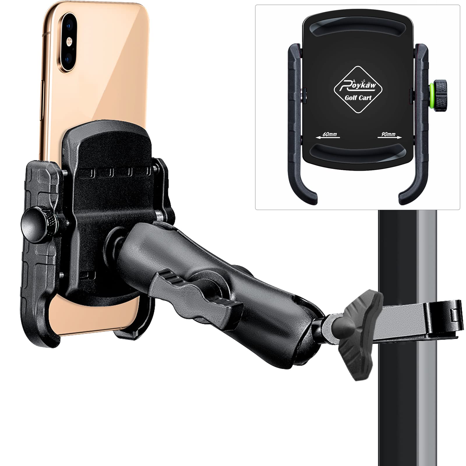 Roykaw Golf Cart Phone Mount Holder Compatible with iPhone/Galaxy/Google Pixel- Fit for EZGO Club Car Yamaha and Most Other Golf Cart Models,Upgrade Quick Release