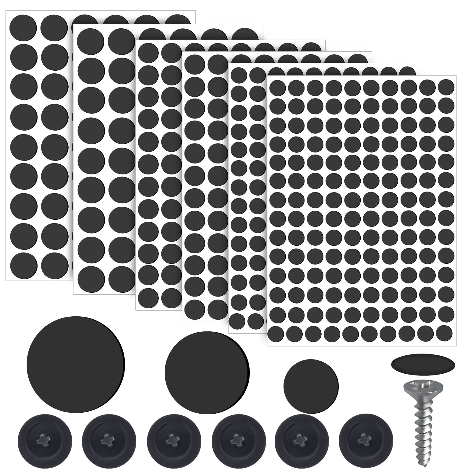 LUTER 580pcs Screw Cap Stickers and 120pcs Plastic Screw Cap Covers Screw Hole Caps and Self-Adhesive Screw Hole Stickers for Wood Screws Furniture Cabinet (Black)