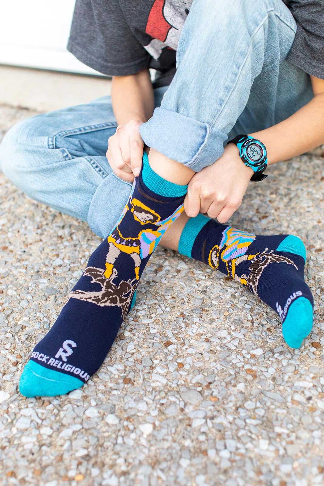 Sock Religious Defend Us In Battle St. Michael Navy and Sky Blue Boys and Girls One Size Fits Most Polyester Blend Catholic Inspirational Fun Crew Socks, Kids