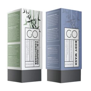 go essentials 2-in-1 shampoo/conditioner and body wash travel packets - hotel amenities, homeless care kits, airbnb essentials