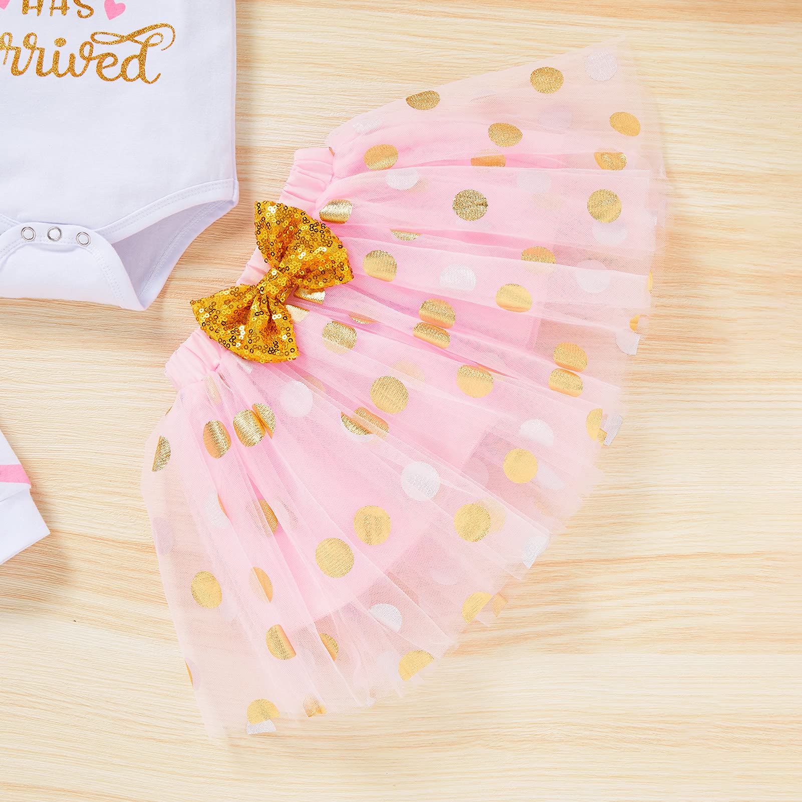 Newborn Baby Girl Skirt Set Infant Letter Print Romper+Tutu Skirt+Headband+Legging Warmer Clothes Outfit (Dot Pink, Newborn)