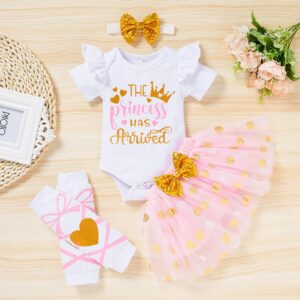 Newborn Baby Girl Skirt Set Infant Letter Print Romper+Tutu Skirt+Headband+Legging Warmer Clothes Outfit (Dot Pink, Newborn)