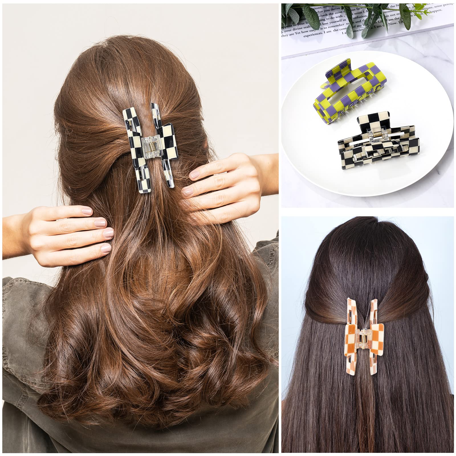 Whaline 6 Pack Checkered Hair Claw Clips Strong Hold Rectangle Hair Claw Multicolored Plaid Non-Slip Catch Hair Clips Jumbo Hair Styling Accessories for Women Girls Thin Thick Hair