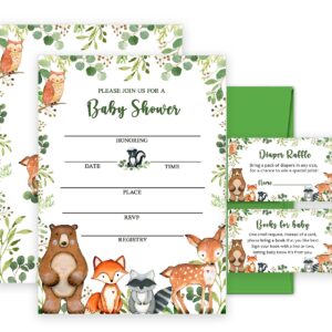 Yuzioey 50 Woodland Baby Shower Invitations, Forest Woodland Greenery Invitations Macthing Envelpoes, Diaper Raffle Tickets, Book Request Cards, Forest Creatures Invitations