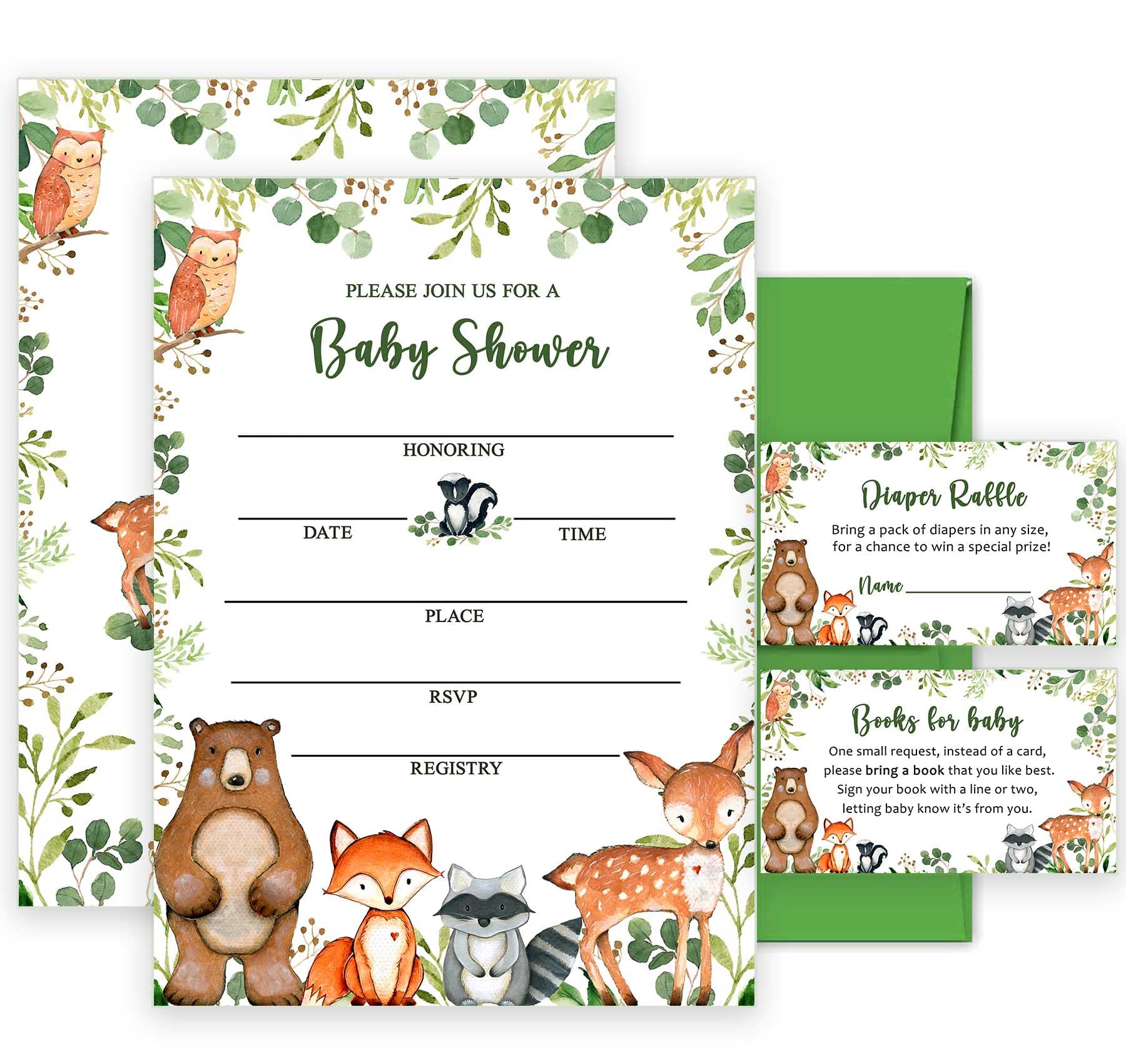 Yuzioey 50 Woodland Baby Shower Invitations, Forest Woodland Greenery Invitations Macthing Envelpoes, Diaper Raffle Tickets, Book Request Cards, Forest Creatures Invitations