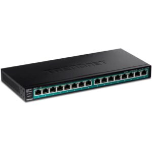 TRENDnet 16-Port Gigabit PoE+ Switch, 16 x Gigabit PoE+ Ports, 120W PoE Budget, Up to 30W Per Port, 1U 19” Rackmount Brackets Included, Fanless, Lifetime Protection, Black, TPE-TG161H