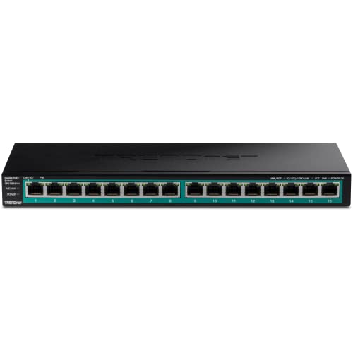 TRENDnet 16-Port Gigabit PoE+ Switch, 16 x Gigabit PoE+ Ports, 120W PoE Budget, Up to 30W Per Port, 1U 19” Rackmount Brackets Included, Fanless, Lifetime Protection, Black, TPE-TG161H