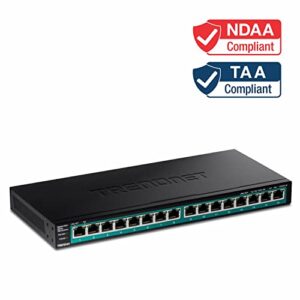 TRENDnet 16-Port Gigabit PoE+ Switch, 16 x Gigabit PoE+ Ports, 120W PoE Budget, Up to 30W Per Port, 1U 19” Rackmount Brackets Included, Fanless, Lifetime Protection, Black, TPE-TG161H