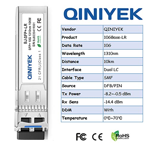 QINIYEK 4Pack 10GBase-LR SFP+ Transceiver, 10G Singlemode SFP+ Duplex LC Module,Compatible for Cisco SFP-10G-LR, Ubiquiti UF-SM-10G,Meraki, Mikrotik, Supermicro, Netgear,SMF,1310nm,10km,DDM