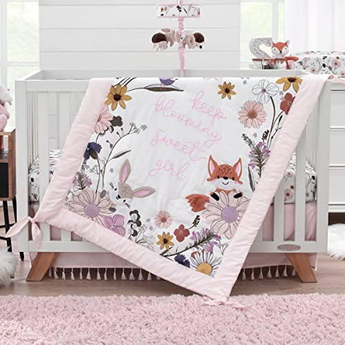 NoJo Keep Blooming Pink, White, Purple and Gold, Flowers, Fox, Bunny and Birds "Keep Blooming Sweet Girl" 4 Piece Nursery Crib Bedding Set - Comforter, 100% Cotton Fitted Crib Sheet, Crib Skirt