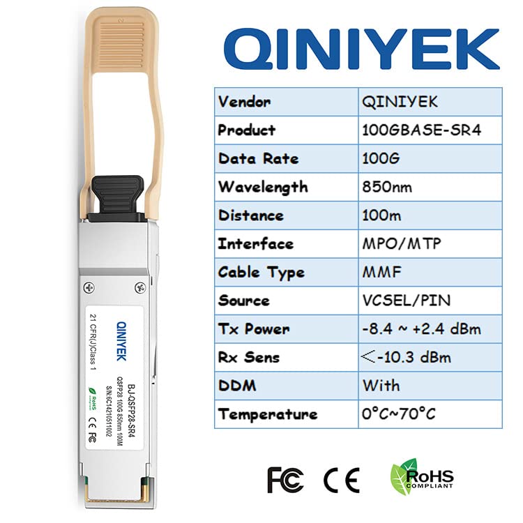 QINIYEK 100GBASE-SR4 QSFP28 Module MTP/MPO MultiMode Transceiver,100G QSFP28 Transceiver Module,Compatible with Juniper Networks JNP-QSFP-100G-SR4(MMF,850nm,100m,DDM)