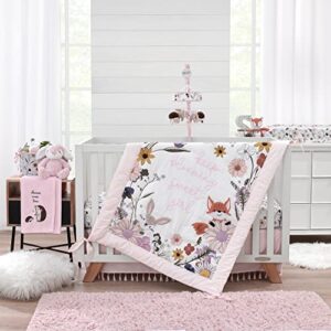 nojo keep blooming pink, white, purple and gold, flowers, fox, bunny and birds "keep blooming sweet girl" 4 piece nursery crib bedding set - comforter, 100% cotton fitted crib sheet, crib skirt