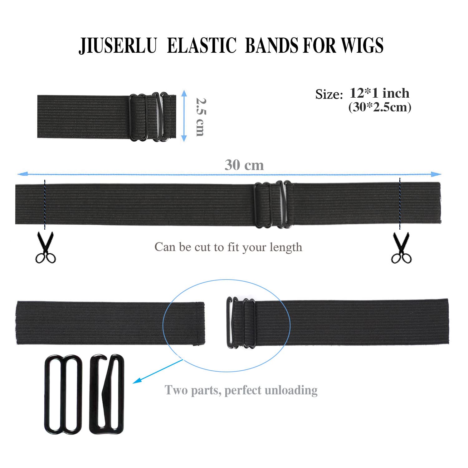 JIUSERLU 6 PCS Black Adjustable Elastic Band For Wigs，Adjustable Straps For Wigs And Making Wigs，Adjustable Wig Bands，Wig Adjustable Straps（1 * 12inch）