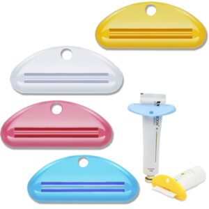 So Nice Toothpaste Tube Squeezer Dispenser-4 Pack Colors Toothpaste Clip,Toothpaste Squeeze roll,Tube Squeezer Tool Dispenser！(White, Pink, Yellow,Blue)