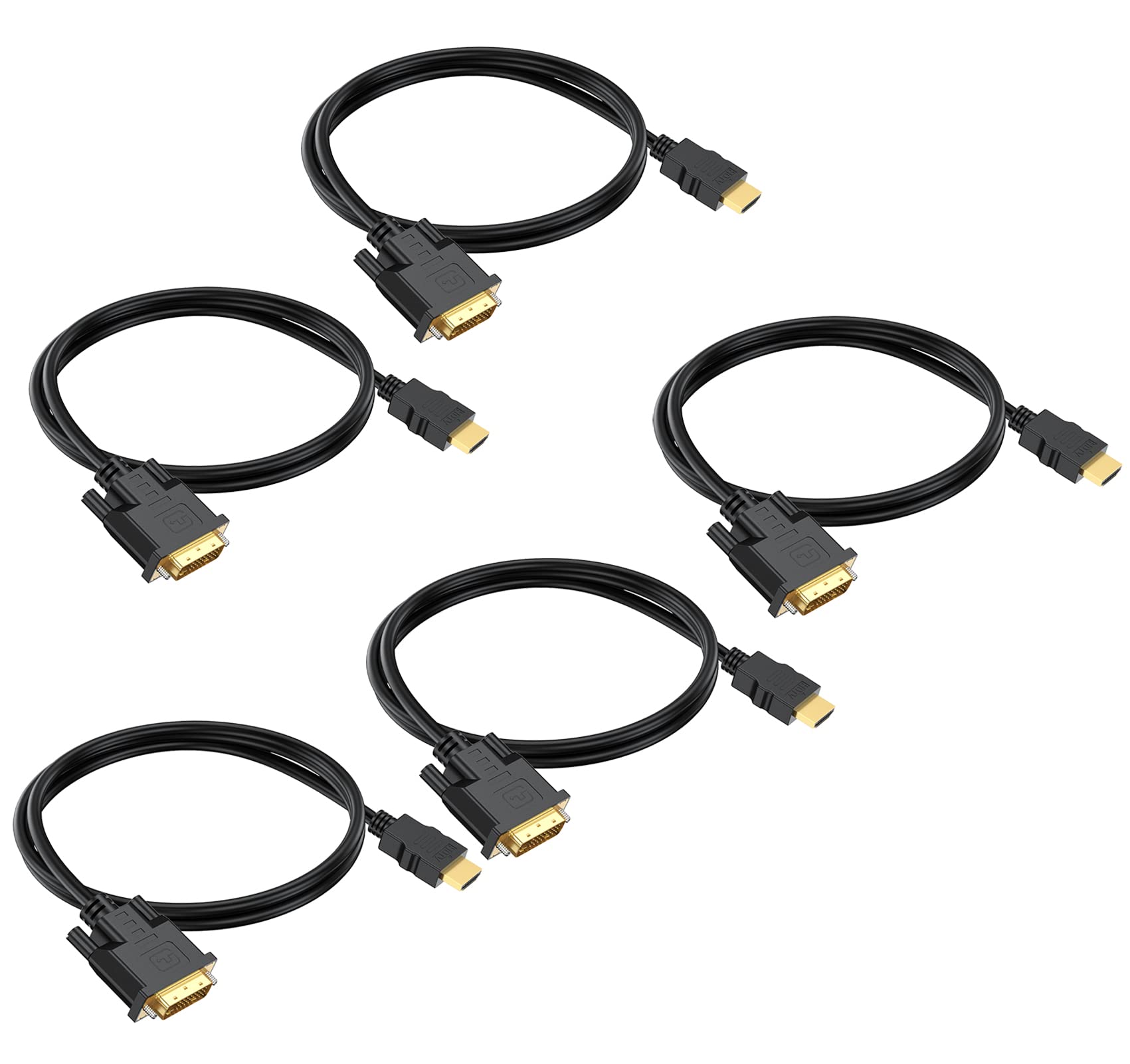 HDMI to DVI Cable 3ft 5-Pack, Bidirectional DVI to HDMI Cord Adapter 1080P Video High Speed Compatible for Computer, PC, Raspberry Pi, Roku, Xbox One, PS4 PS3, Graphics Card