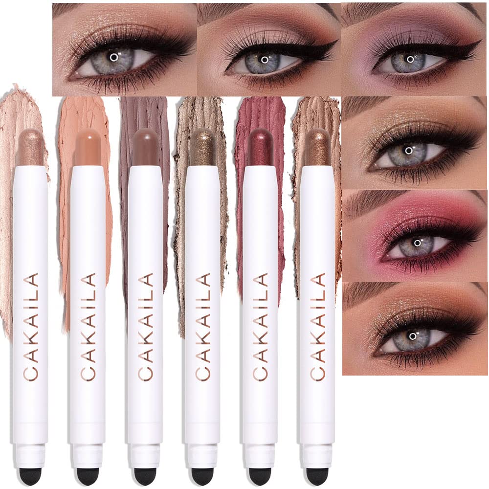 evpct 6Pcs Cream Eye Shadow Stick Makeup Set Waterproof Pencil Gradient Eyeshadow Stick Creamy Crayon Set for Eyes Desert Mink Mauve Champagne Dark Brown Gold Wine Red Eye Brightener Stick Highlighter