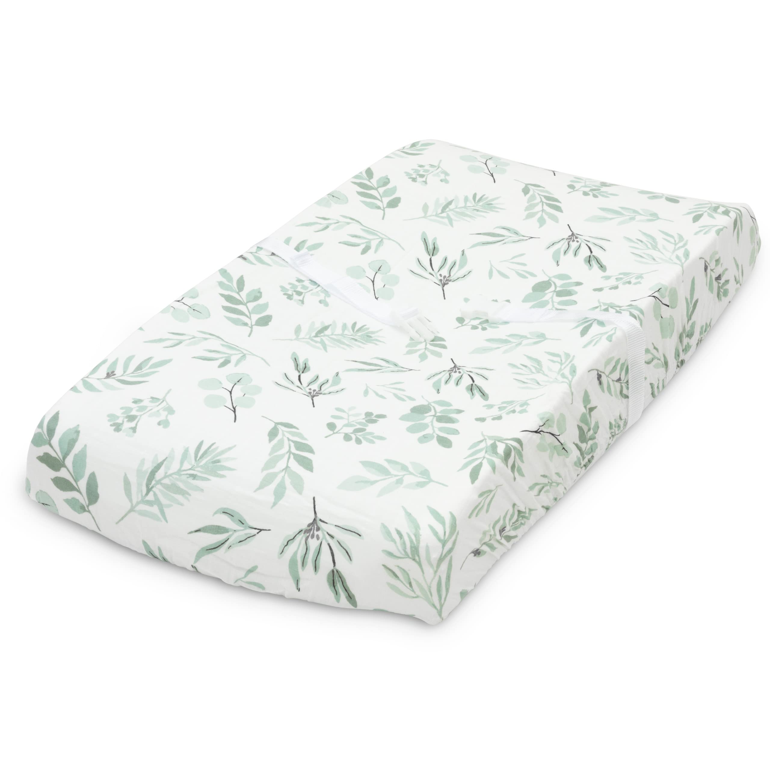 Organic Muslin Changing Pad Cover - Fitted Baby Changing Mat, Soft and Breathable, Eucalyptus Leaves, 16”x32”