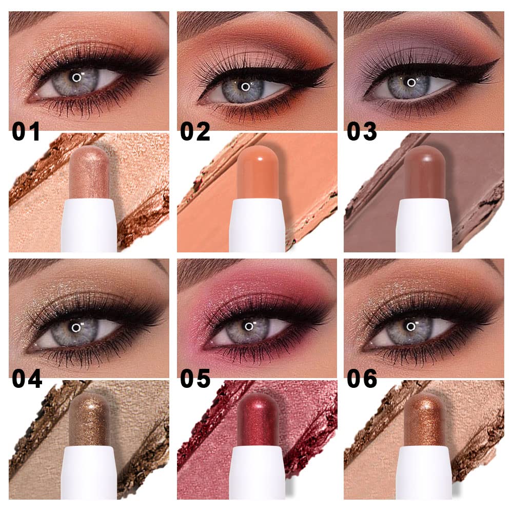 evpct 6Pcs Cream Eye Shadow Stick Makeup Set Waterproof Pencil Gradient Eyeshadow Stick Creamy Crayon Set for Eyes Desert Mink Mauve Champagne Dark Brown Gold Wine Red Eye Brightener Stick Highlighter