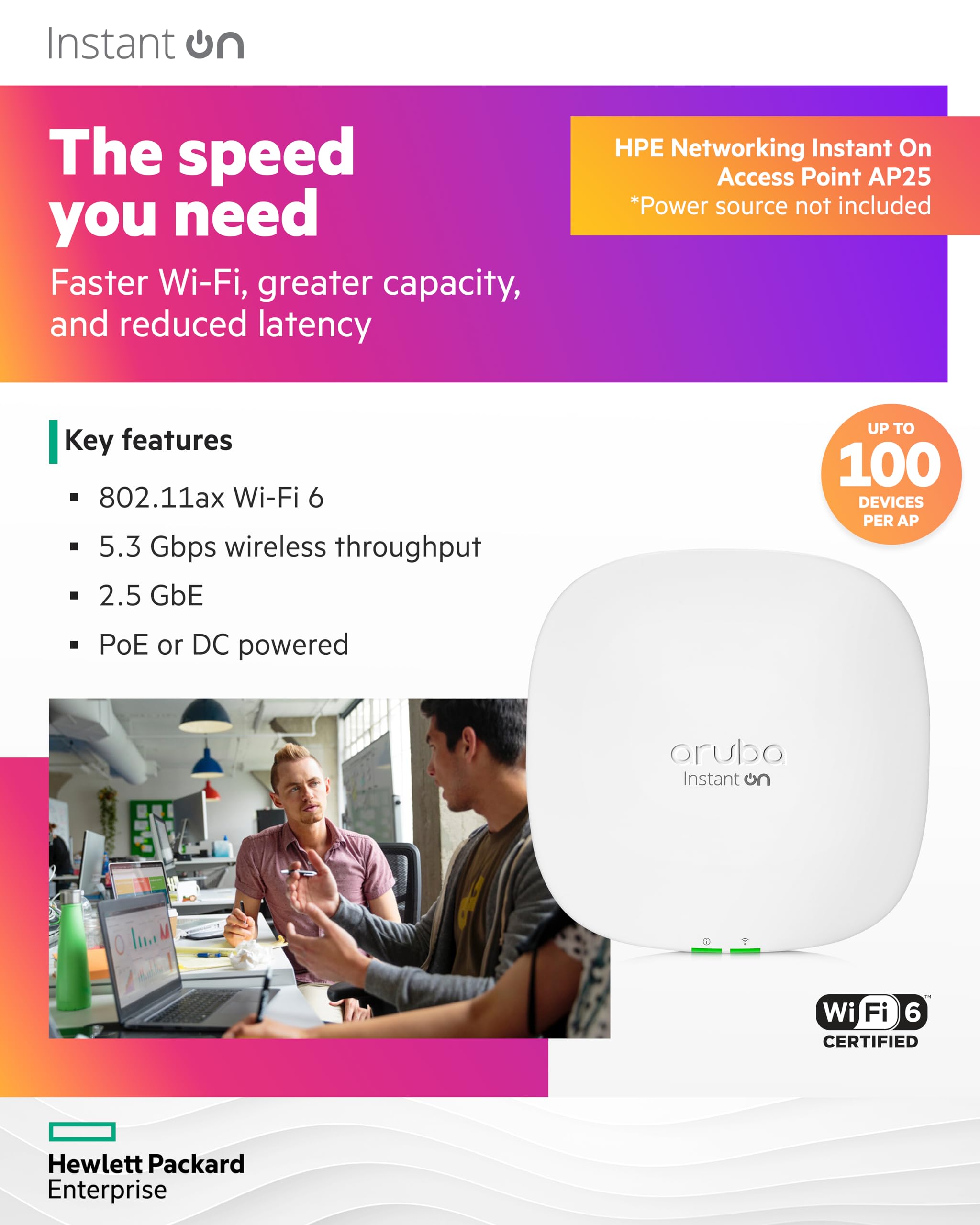 HPE Networking Instant On Access Point AP25 4x4 WiFi 6 Indoor Wireless Access Point | Power Source Not Included | US Model (R9B27A)